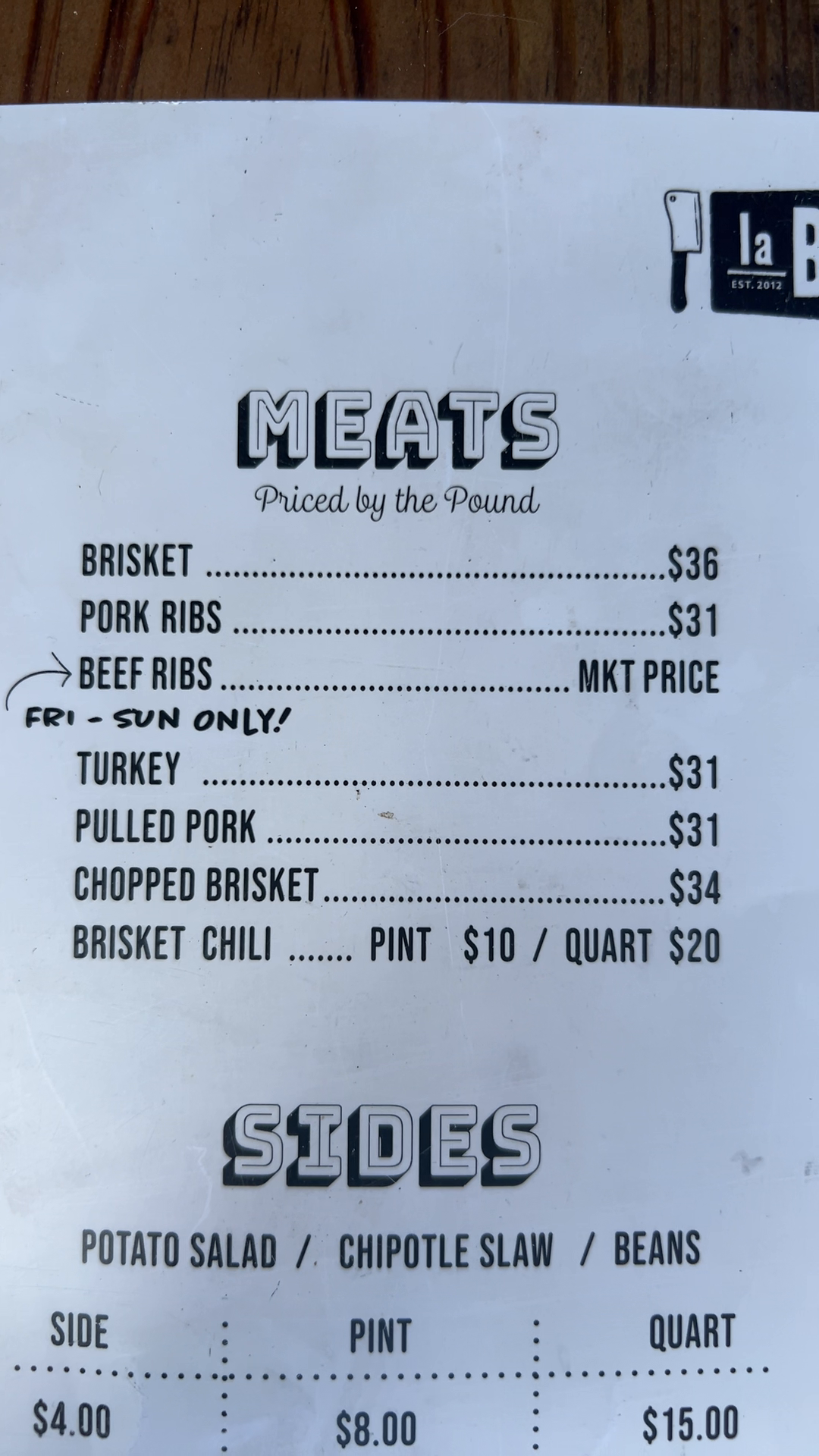 La Barbecue Menu